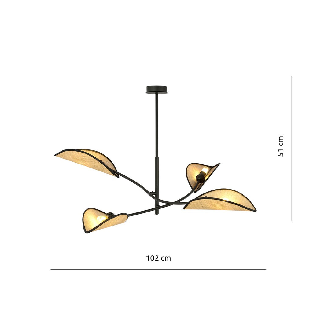 Plafondlamp Lotus gepoedercoat staal en rotan, boho, zwart met naturel kappen, 4 lichtpunten, 102 x 51 cm