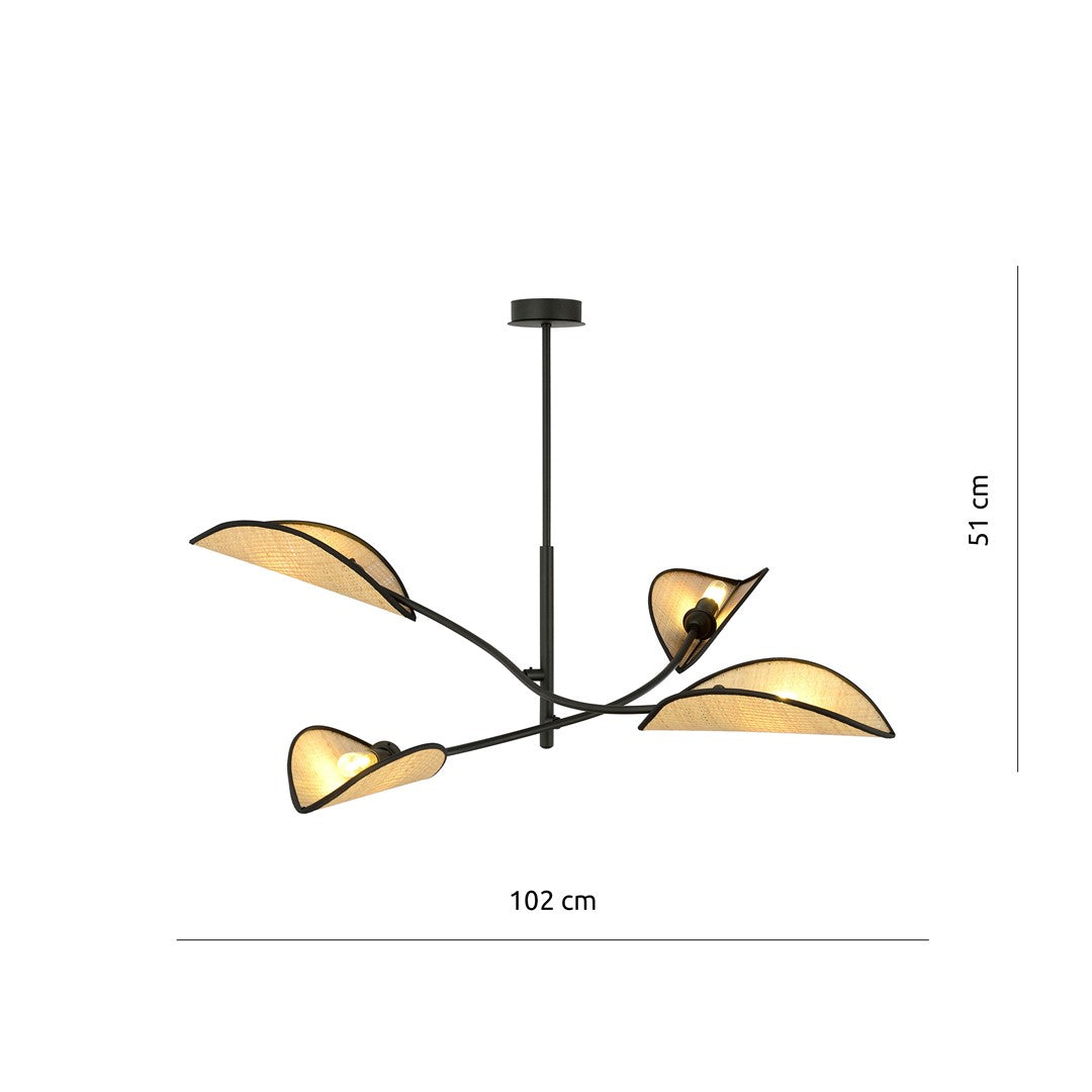 Plafondlamp Lotus gepoedercoat staal en rotan, boho, zwart met naturel kappen, 4 lichtpunten, 102 x 51 cm