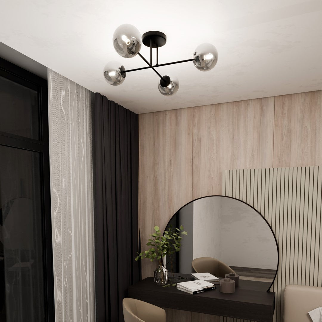 Plafondlamp gepoedercoat staal en glas Roma, zwart met grafiet kappen, 4 lichtpunten E14, 55 x 26 cm
