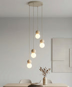 Hanglamp staal en hout Scandinavisch Loop beige, witte kappen, 4 lichts G9, verstelbare hoogte