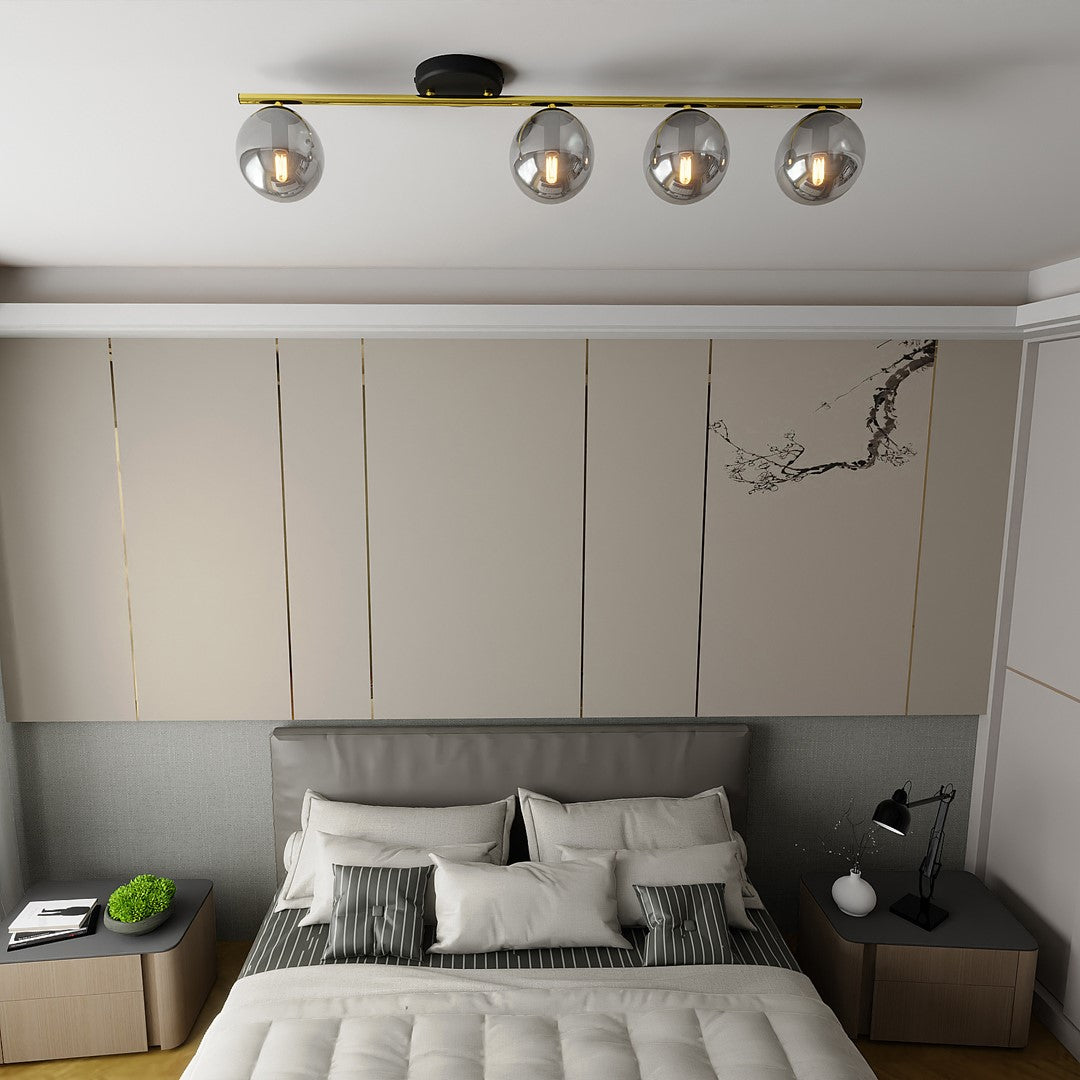 Plafondlamp gepoedercoat staal en glas Monza, zwart en goud met grafiet kappen, 4 lichts, 100 cm breed