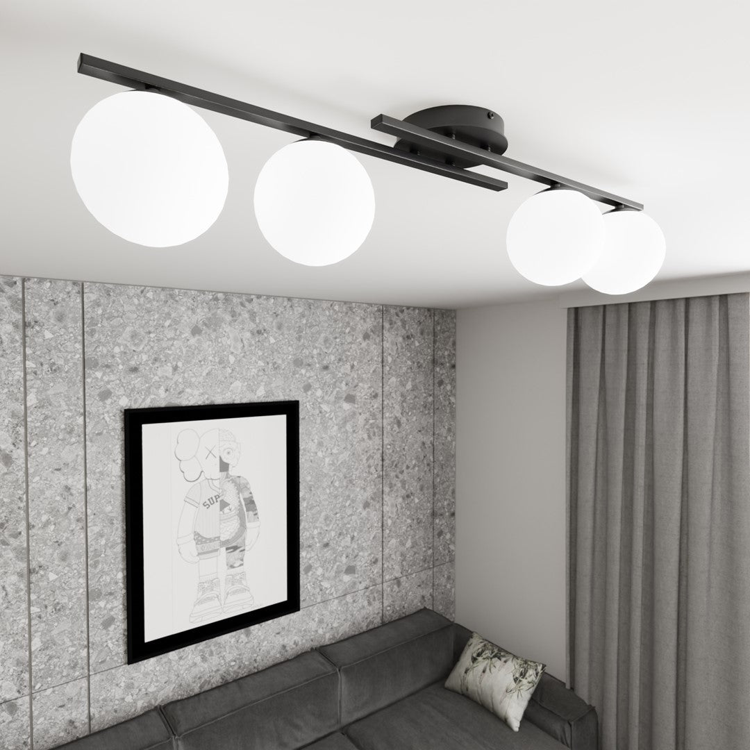 Plafondlamp gepoedercoat staal modern, zwart met 4 witte bolkappen Ø 14 cm, 87 x 29 x 19 cm, E14, woonkamer en slaapkamer
