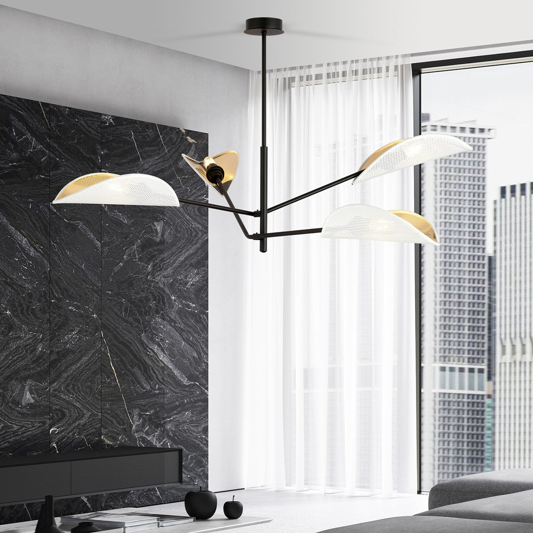 Plafondlamp gepoedercoat staal, modern, Vene zwart met wit en gouden kappen, 4 lichts, 102 x 51 cm, woonkamer en slaapkamer