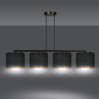 Hanglamp gepoedercoat staal en stof Hilde zwart met gouden binnenkant, 4 kappen Ø 20 cm, eettafel