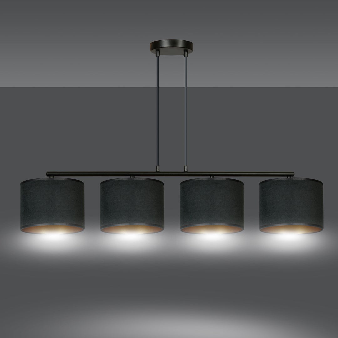 Hanglamp gepoedercoat staal en stof Hilde zwart met gouden binnenkant, 4 kappen Ø 20 cm, eettafel