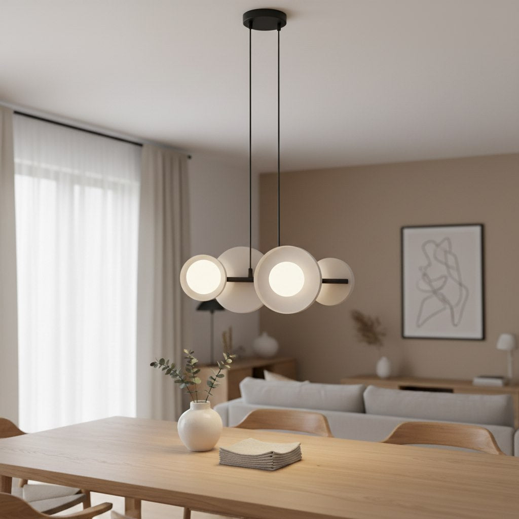 Hanglamp gepoedercoat staal minimalistisch Model 4 zwart wit, 53 x 23 x 120 cm, 4 x G9, boven eettafel