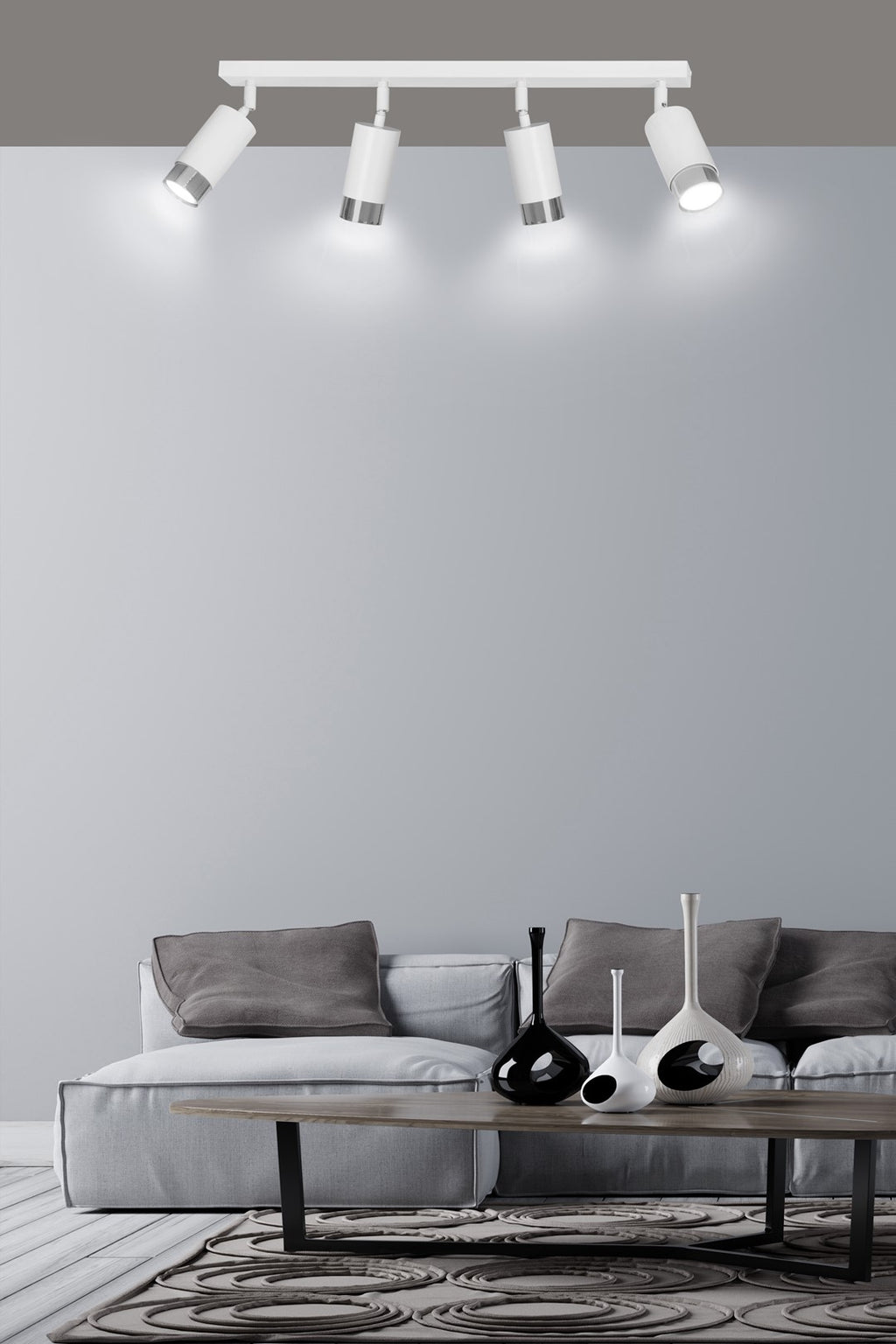 Plafondlamp staal Hiro, modern, wit met zilver, 60 cm, 4 verstelbare spots, voor keuken, hal of slaapkamer