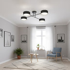 Plafondlamp staal Japandi Maga zwart met 4 geweven kappen, 96 x 96 cm, woonkamer, eetkamer en slaapkamer