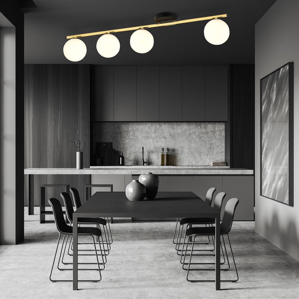Plafondlamp gepoedercoat staal en glas Monza 4 lichts, zwart en goud met witte kappen, 100 cm
