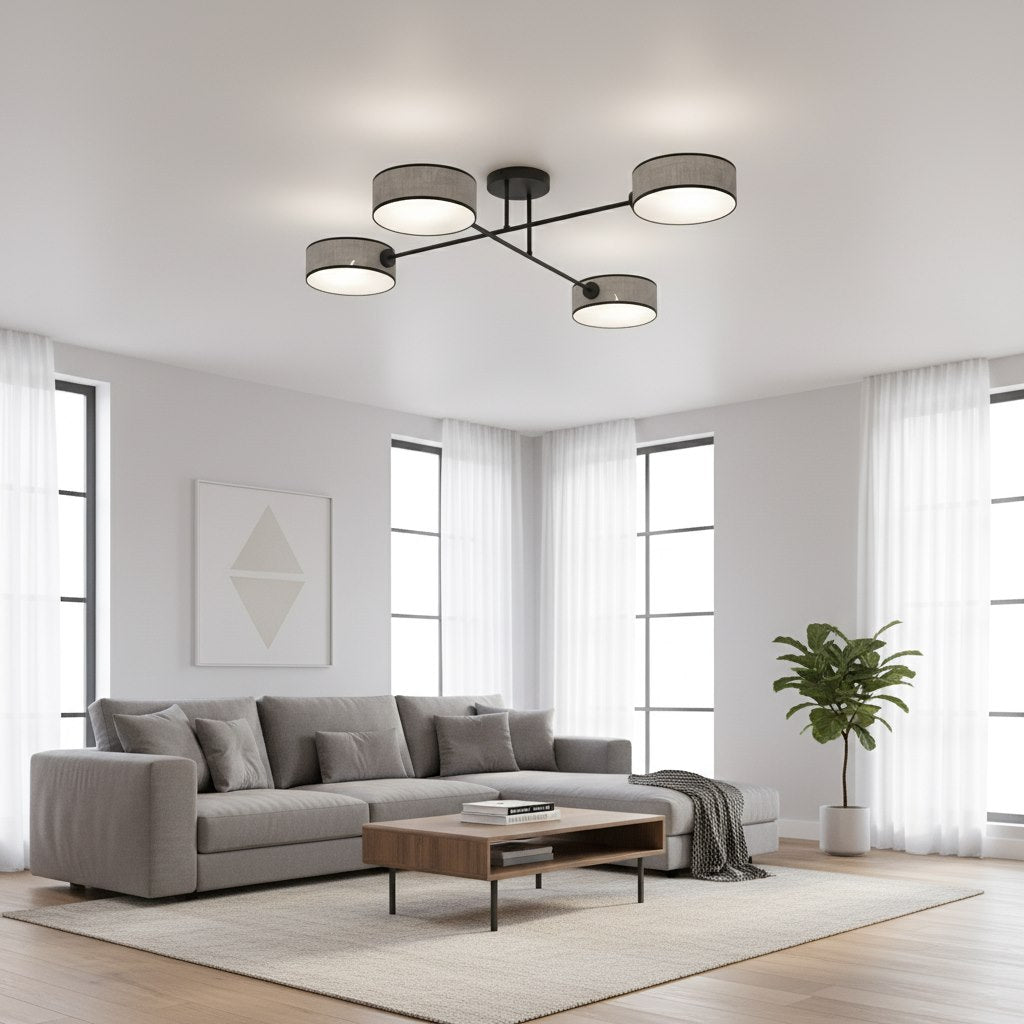 Plafondlamp staal Japandi Maga grijs en zwart, 4 lichtpunten – 96 x 96 cm, voor woonkamer en slaapkamer