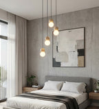 Hanglamp gepoedercoat staal en hout Scandinavisch Loop zwart, 4 fittingen, witte kap Ø 10 cm