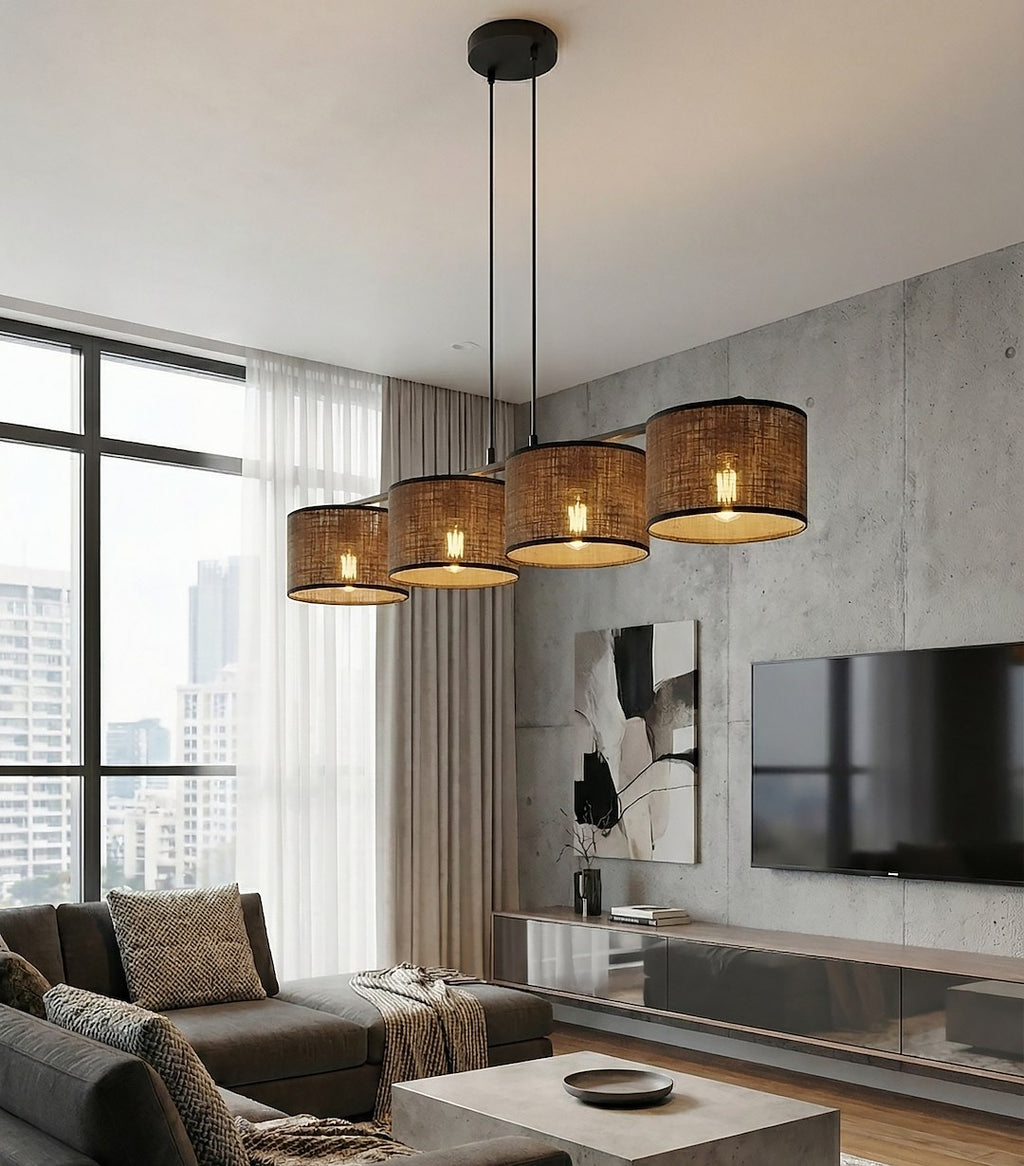 Hanglamp gepoedercoat staal met stoffen kap bruin, 4 fittingen, minimalistisch, 96 x 20 cm, voor eettafel en kookeiland