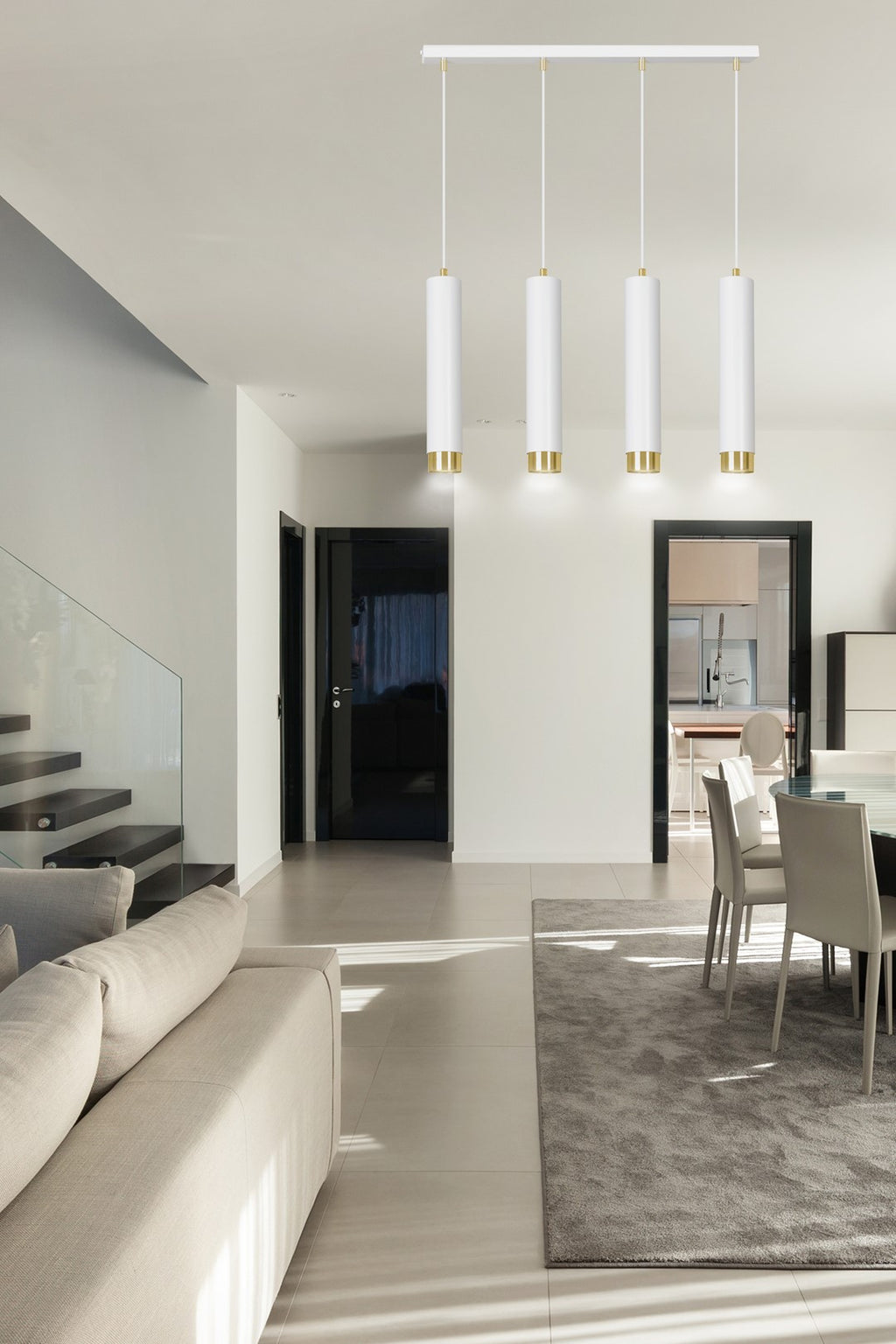 Hanglamp 4 lichts gepoedercoat staal Kibo modern wit met goud, 60 cm breed, voor woonkamer, keuken of werkplek