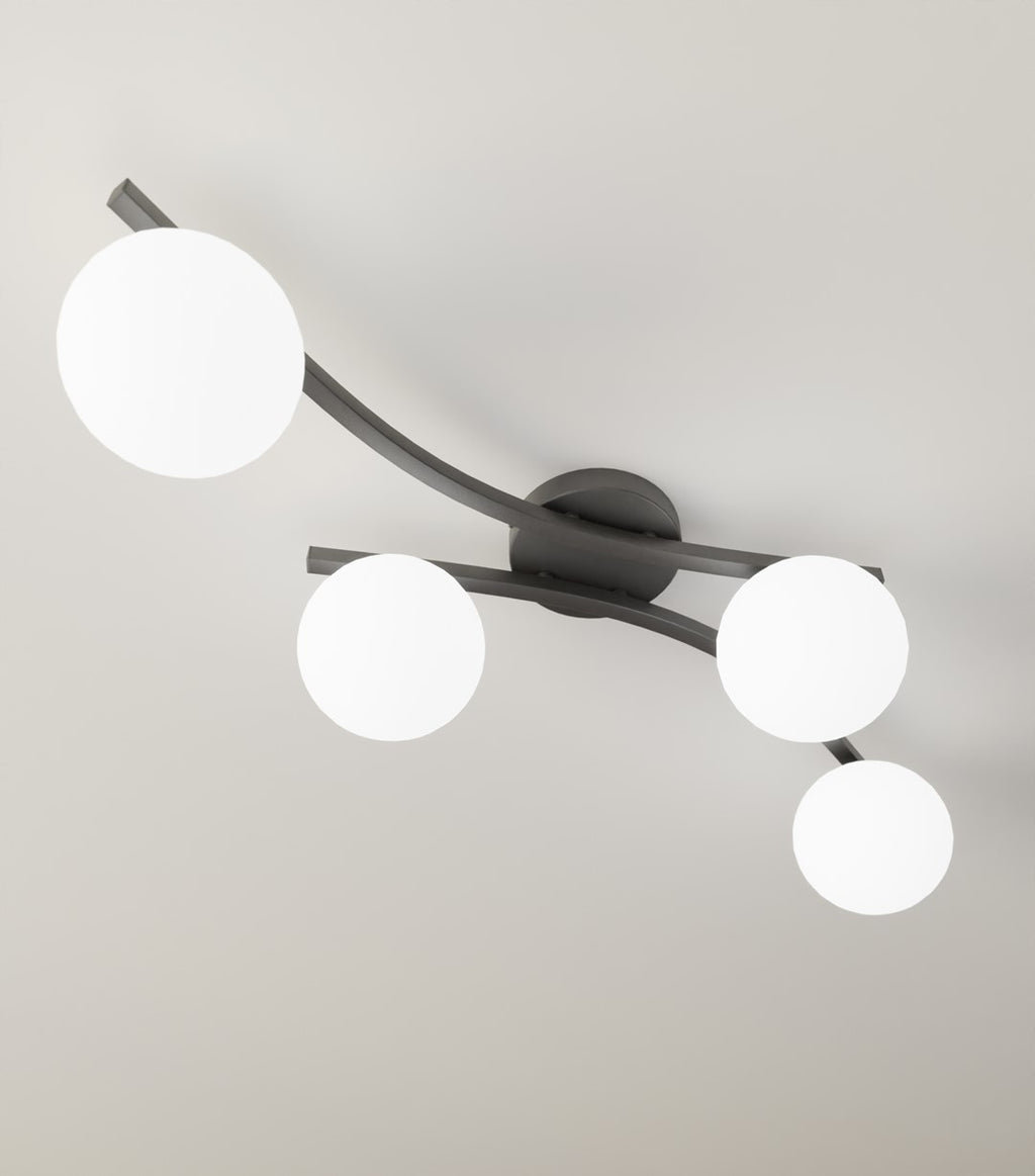 Plafondlamp zwart gepoedercoat staal met 4 witte glazen kappen, modern, E14 – woonkamer, eetkamer en slaapkamer