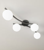 Plafondlamp zwart gepoedercoat staal met 4 witte glazen kappen, modern, E14 – woonkamer, eetkamer en slaapkamer