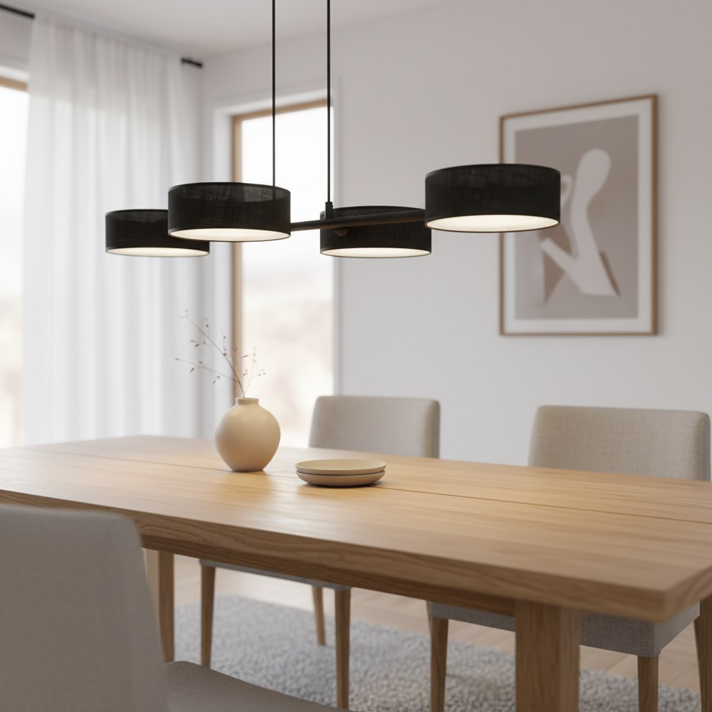Hanglamp gepoedercoat staal Japandi zwart, 4 lampen met gevlochten kappen Ø 20 cm, boven eettafel of kookeiland