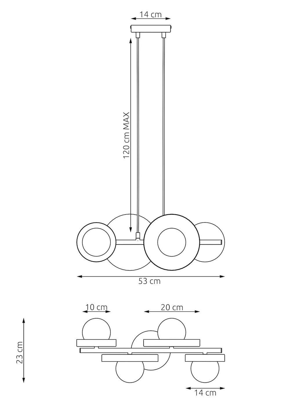 Hanglamp gepoedercoat staal minimalistisch Model 4 zwart wit, 53 x 23 x 120 cm, 4 x G9, boven eettafel