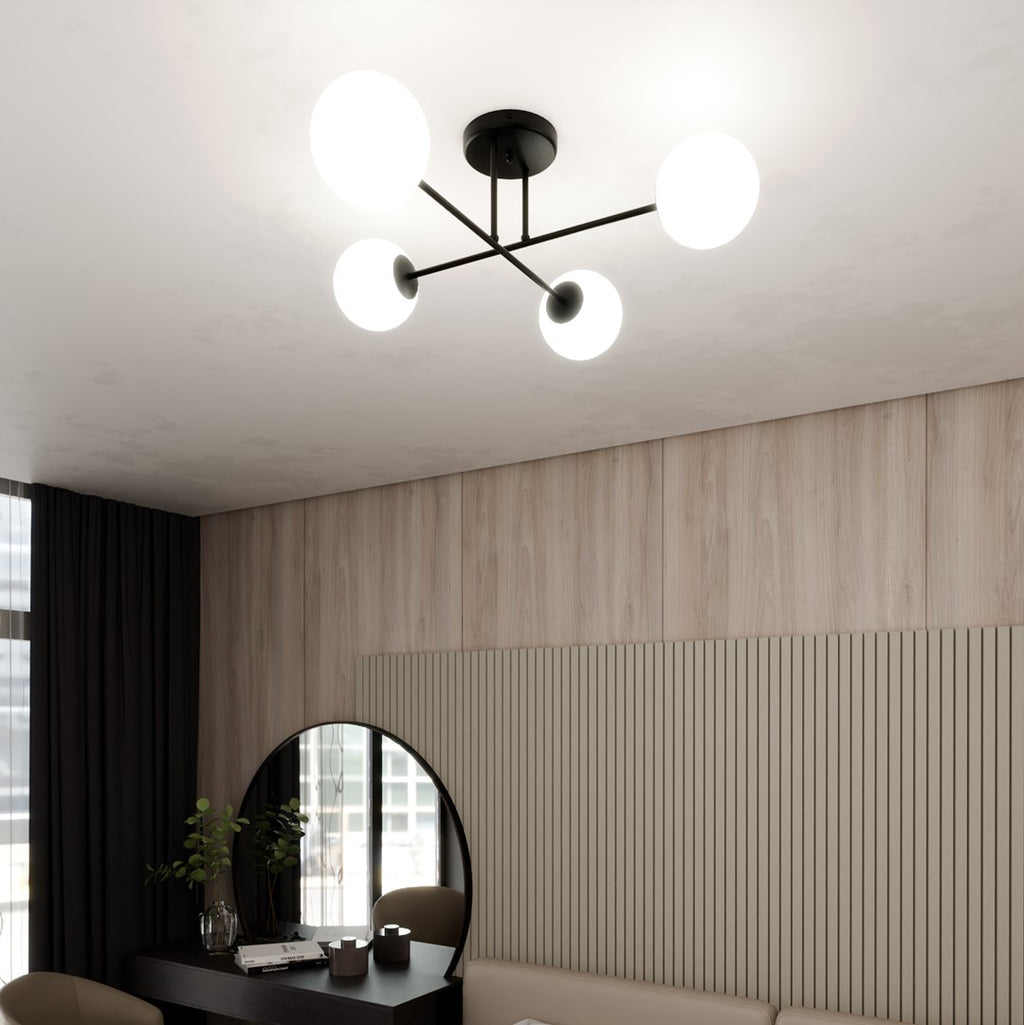 Plafondlamp 4-lichts gepoedercoat staal en glas, modern, zwart met witte kappen, E14 – woonkamer, eetkamer