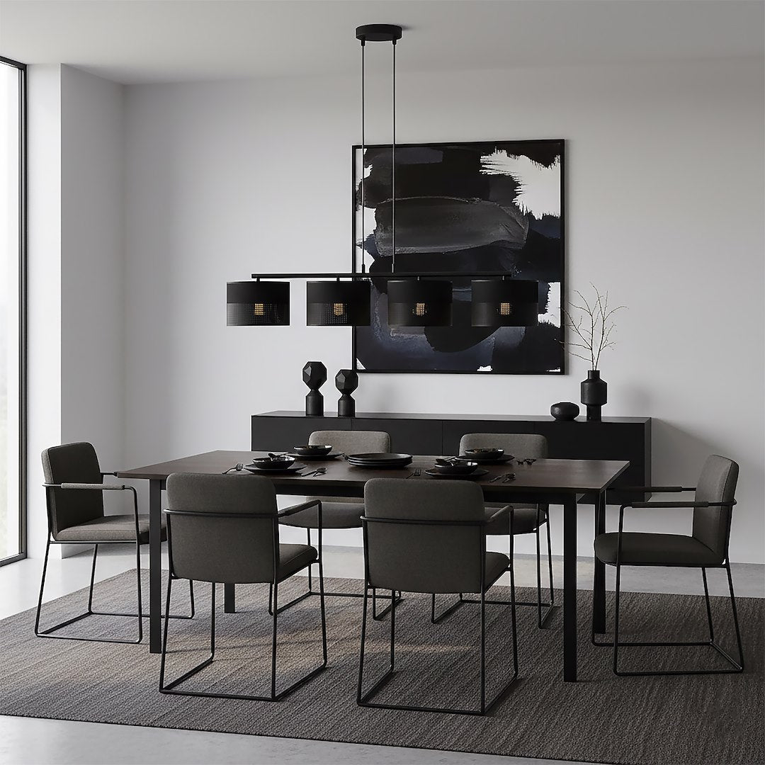 Hanglamp staal met stoffen kap Karbon, minimalistisch, zwart, 4 lichtpunten, 96 cm breed, eettafel en keukeneiland