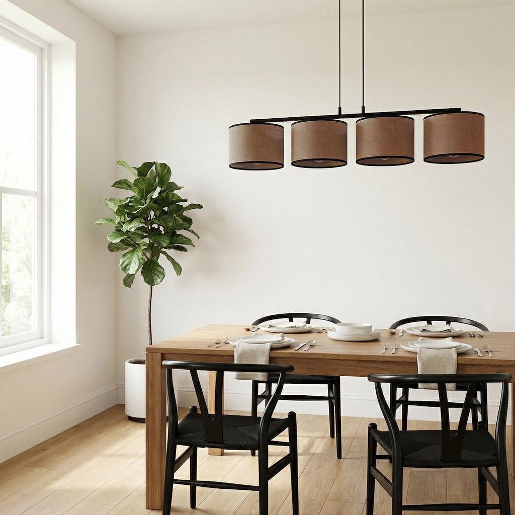Hanglamp gepoedercoat staal met stoffen kap bruin, 4 fittingen, minimalistisch, 96 x 20 cm, voor eettafel en kookeiland