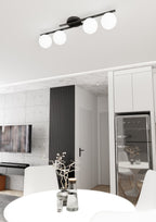 Plafondlamp gepoedercoat staal modern, zwart met 4 witte bolkappen Ø 14 cm, 87 x 29 x 19 cm, E14, woonkamer en slaapkamer