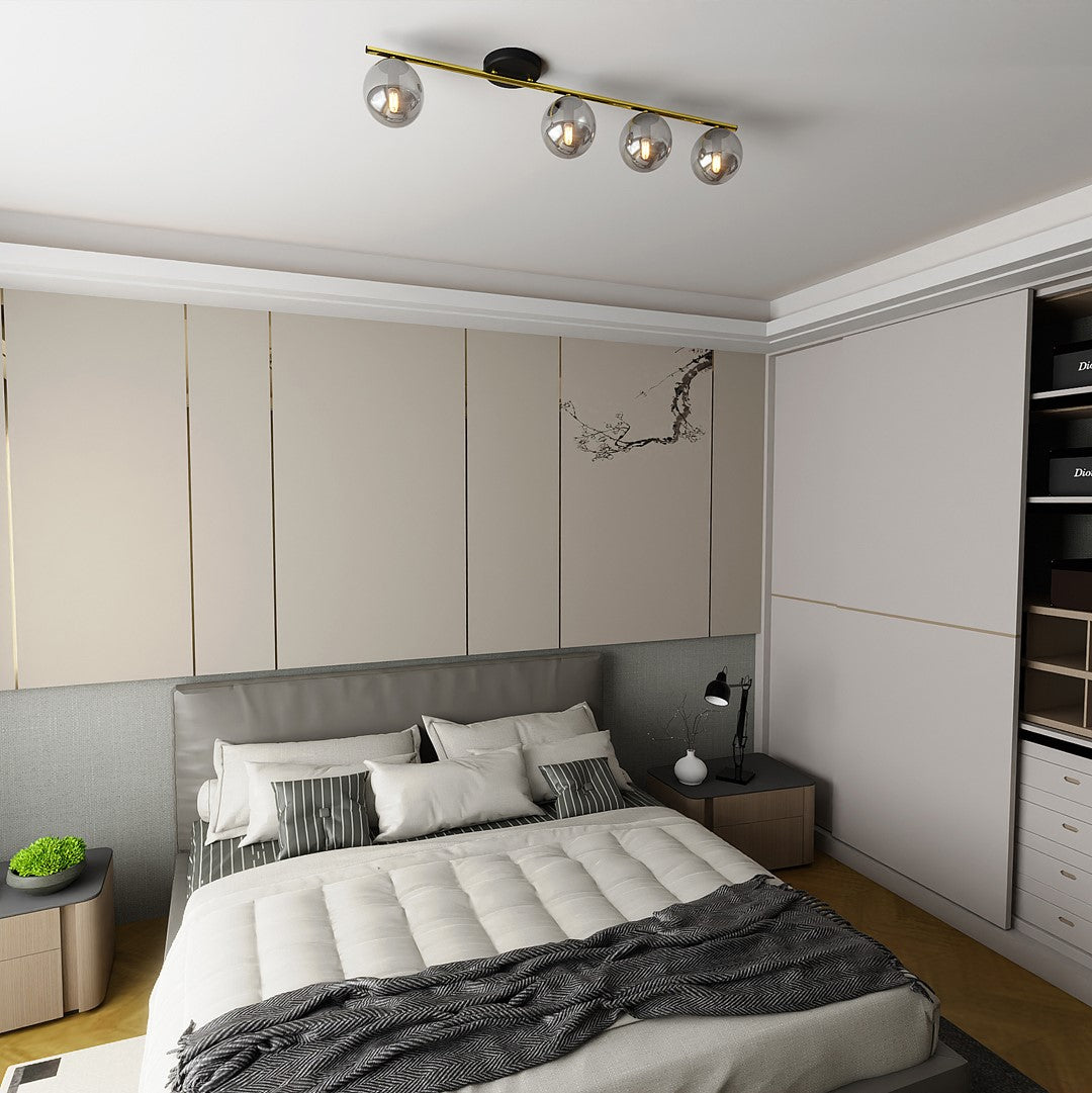 Plafondlamp gepoedercoat staal en glas Monza, zwart en goud met grafiet kappen, 4 lichts, 100 cm breed