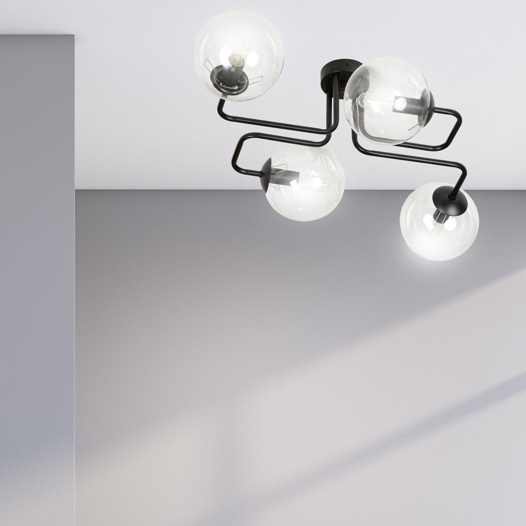 Plafondlamp gepoedercoat staal en glas Brendi 4 lichts, zwart met transparante glazen kappen, 55 x 32 cm