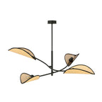 Plafondlamp Lotus gepoedercoat staal en rotan, boho, zwart met naturel kappen, 4 lichtpunten, 102 x 51 cm