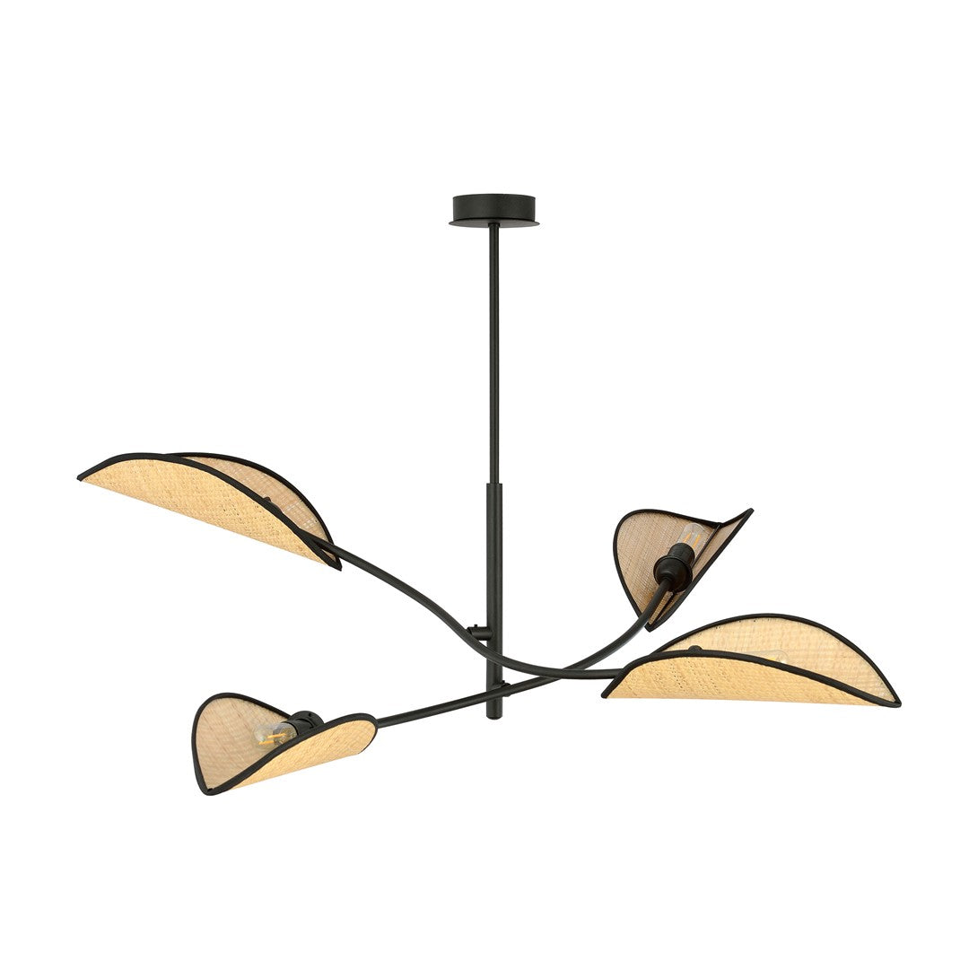 Plafondlamp Lotus gepoedercoat staal en rotan, boho, zwart met naturel kappen, 4 lichtpunten, 102 x 51 cm