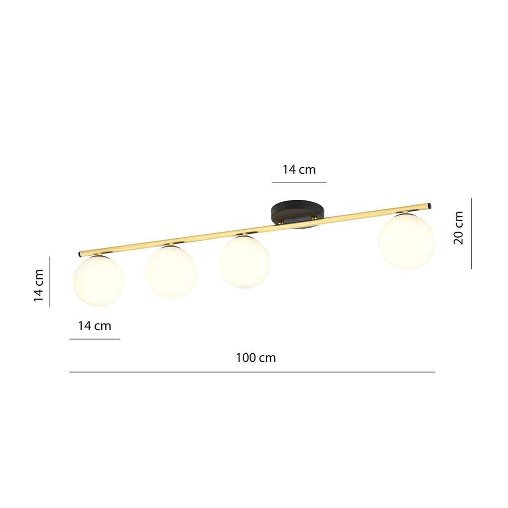 Plafondlamp gepoedercoat staal en glas Monza 4 lichts, zwart en goud met witte kappen, 100 cm