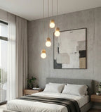 Hanglamp staal en hout Scandinavisch Loop beige, witte kappen, 4 lichts G9, verstelbare hoogte