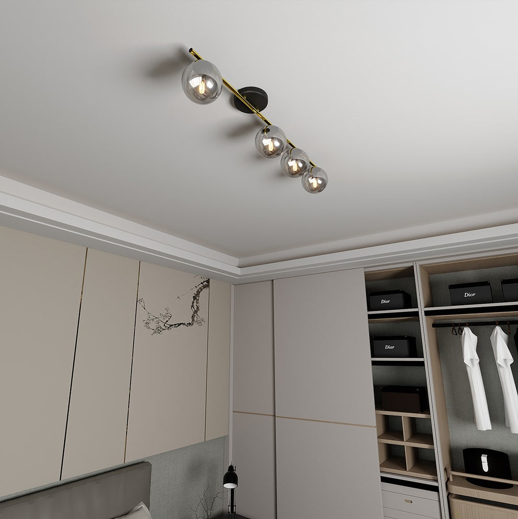 Plafondlamp gepoedercoat staal en glas Monza, zwart en goud met grafiet kappen, 4 lichts, 100 cm breed
