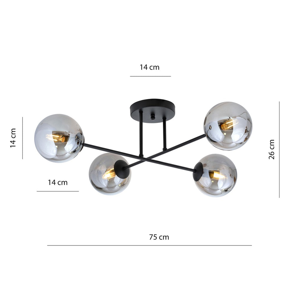 Plafondlamp gepoedercoat staal en glas Roma, zwart met grafiet kappen, 4 lichtpunten E14, 55 x 26 cm