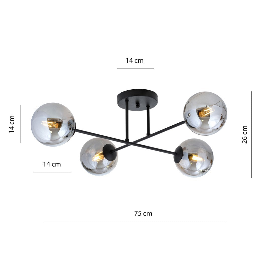 Plafondlamp gepoedercoat staal en glas Roma, zwart met grafiet kappen, 4 lichtpunten E14, 55 x 26 cm