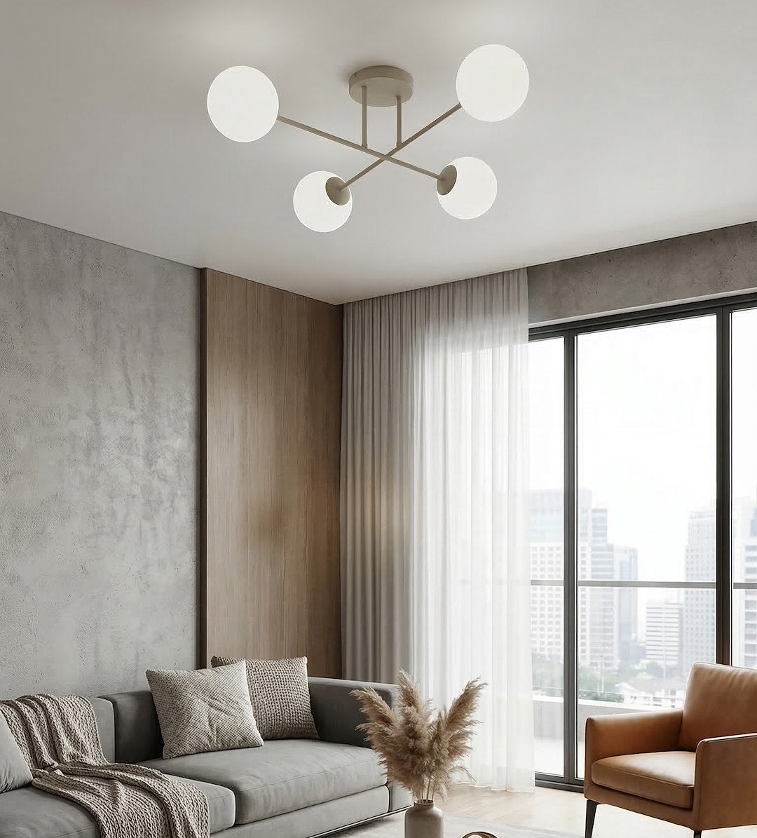Plafondlamp gepoedercoat staal en glas Roma modern, beige met witte glazen kappen, 4 x E14, 55 cm