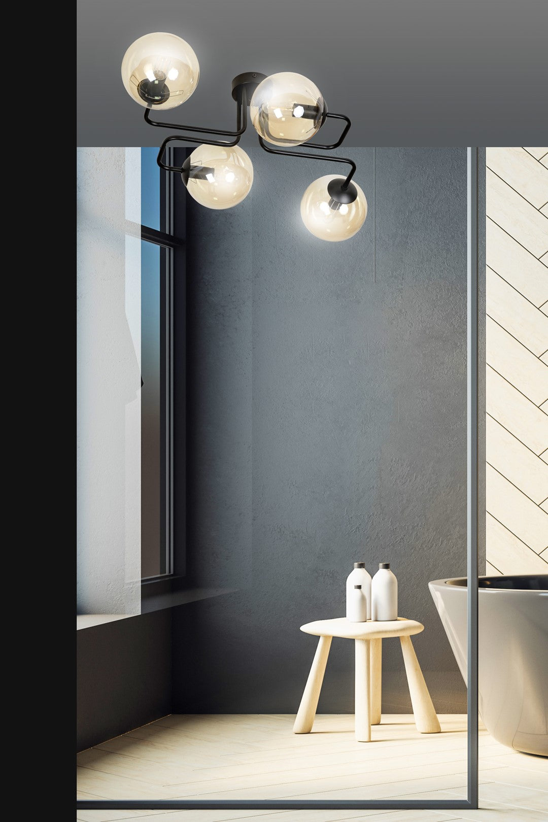 Plafondlamp staal en glas Brendi modern zwart met amber glazen kappen, 4 fittingen E14, 55 cm breed