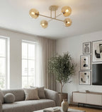 Plafondlamp gepoedercoat staal en glas Roma, beige met amber glazen kappen, 4 lichts, 55 cm breed, woonkamer