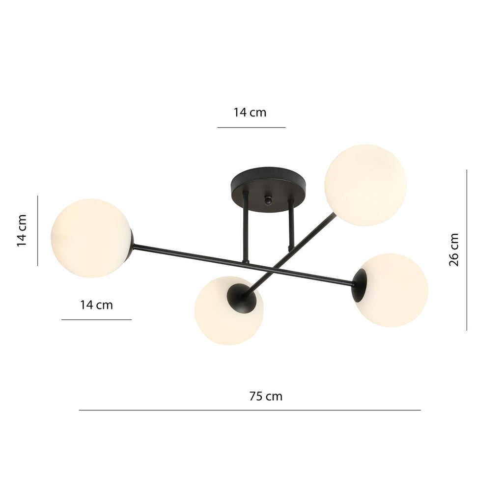Plafondlamp 4-lichts gepoedercoat staal en glas, modern, zwart met witte kappen, E14 – woonkamer, eetkamer