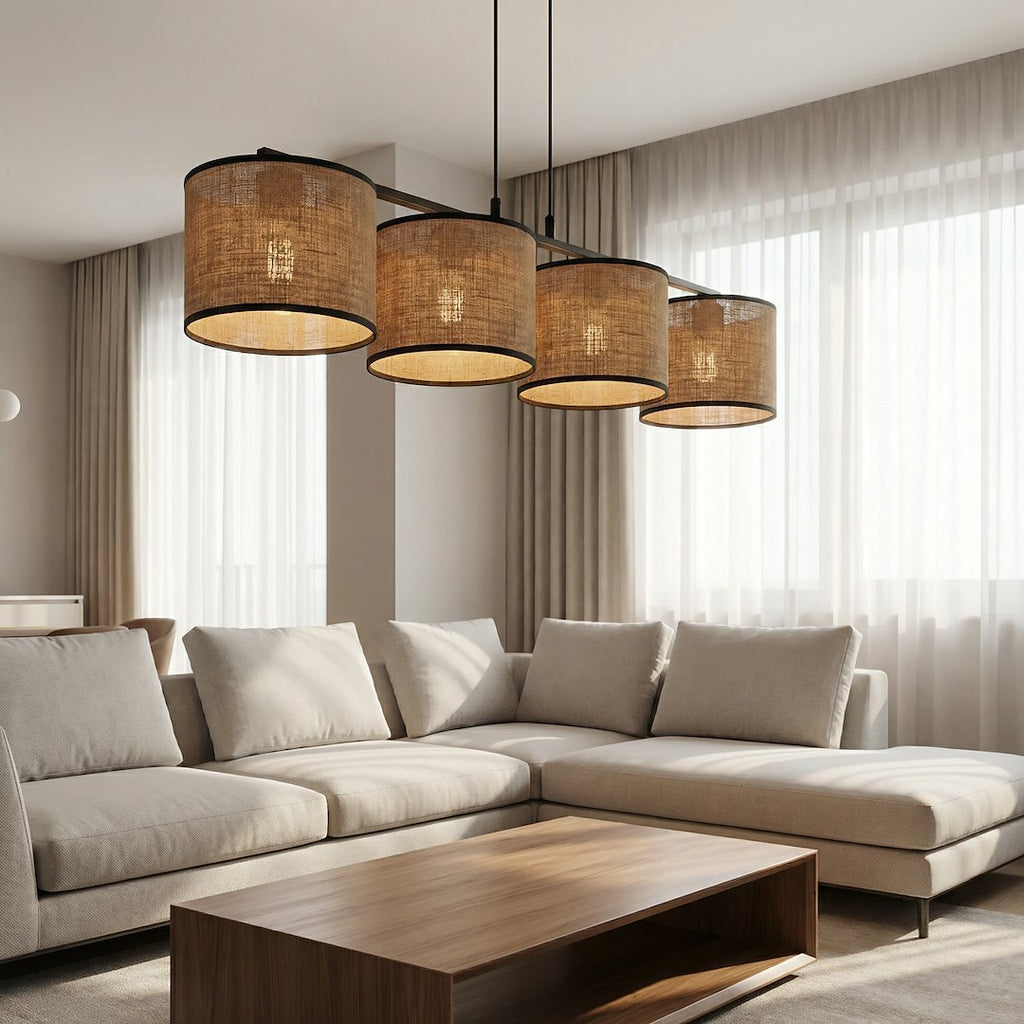 Hanglamp gepoedercoat staal met stoffen kap bruin, 4 fittingen, minimalistisch, 96 x 20 cm, voor eettafel en kookeiland