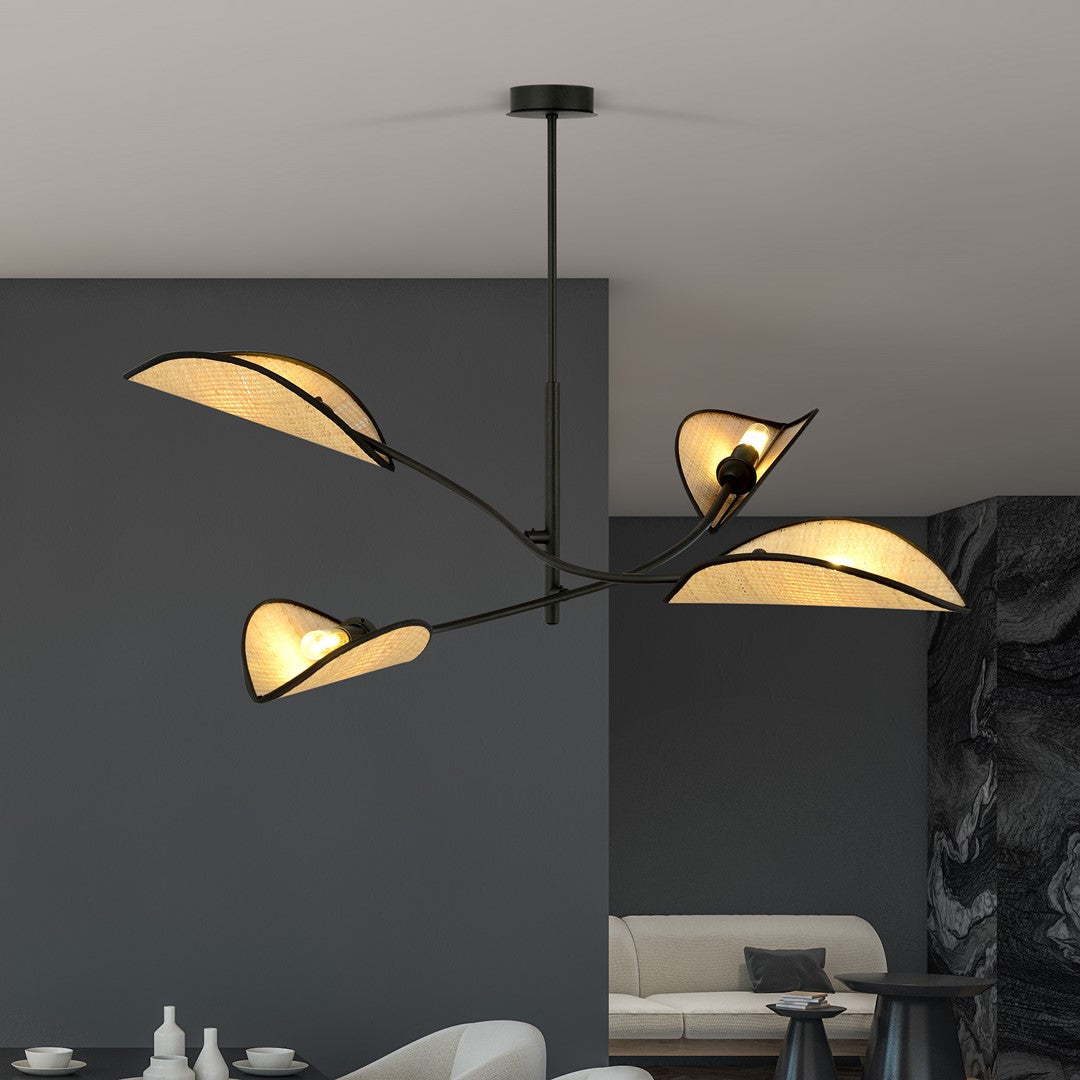 Plafondlamp Lotus gepoedercoat staal en rotan, boho, zwart met naturel kappen, 4 lichtpunten, 102 x 51 cm