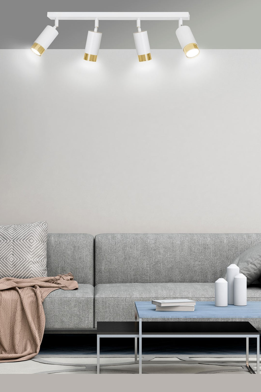 Plafondlamp spots gepoedercoat staal Hiro, wit en goud, 4 lichtpunten, 60 cm breed
