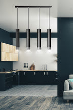 Hanglamp 4-lichts gepoedercoat staal Kibo, zwart met chroom, 60 cm breed, hoogte verstelbaar, eettafel en keuken