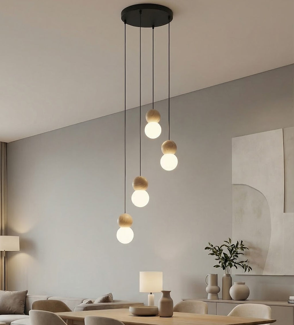 Hanglamp gepoedercoat staal en hout Scandinavisch Loop zwart, 4 fittingen, witte kap Ø 10 cm