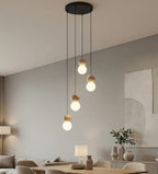 Hanglamp gepoedercoat staal en hout Scandinavisch Loop zwart, 4 fittingen, witte kap Ø 10 cm