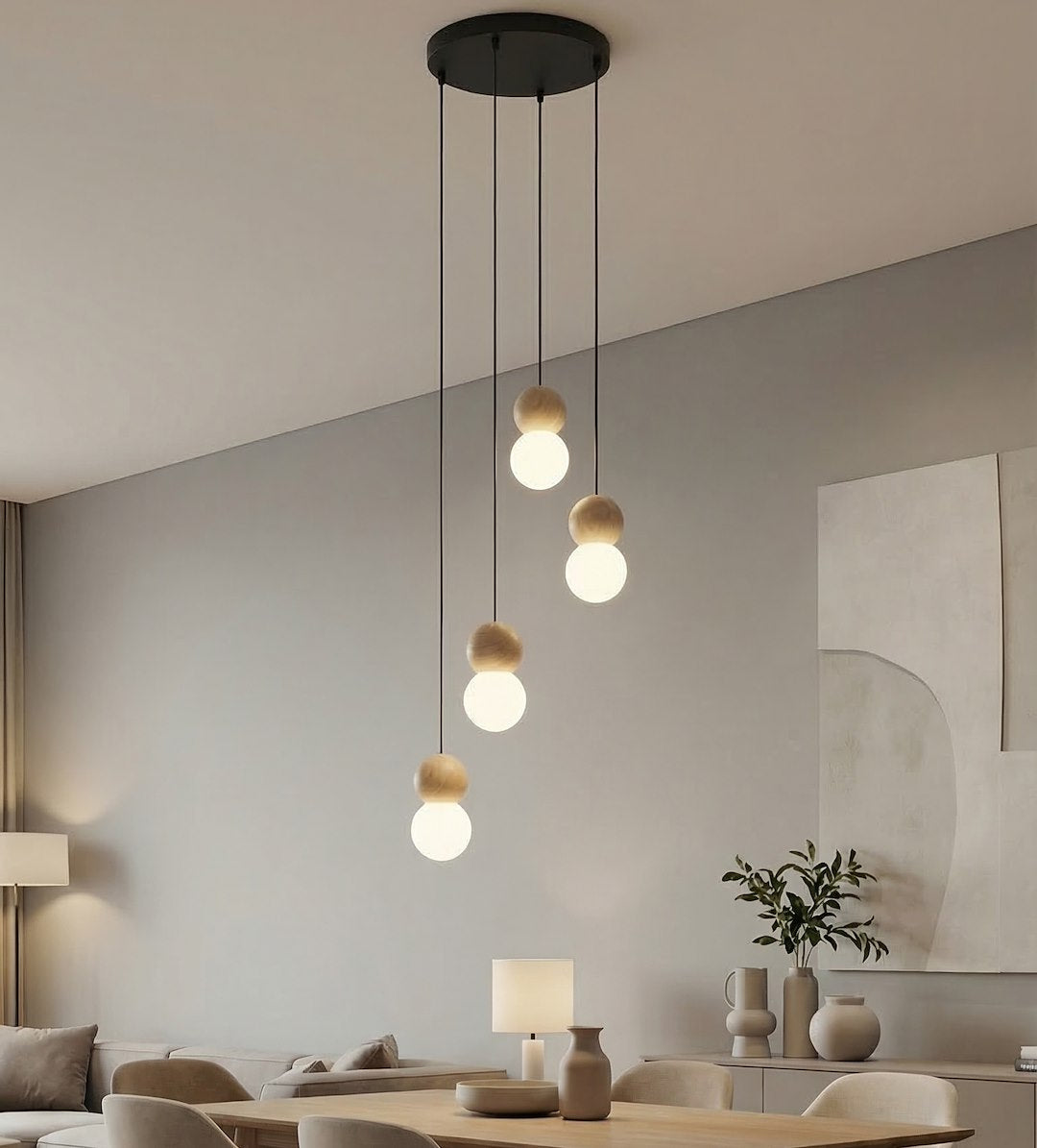 Hanglamp gepoedercoat staal en hout Scandinavisch Loop zwart, 4 fittingen, witte kap Ø 10 cm