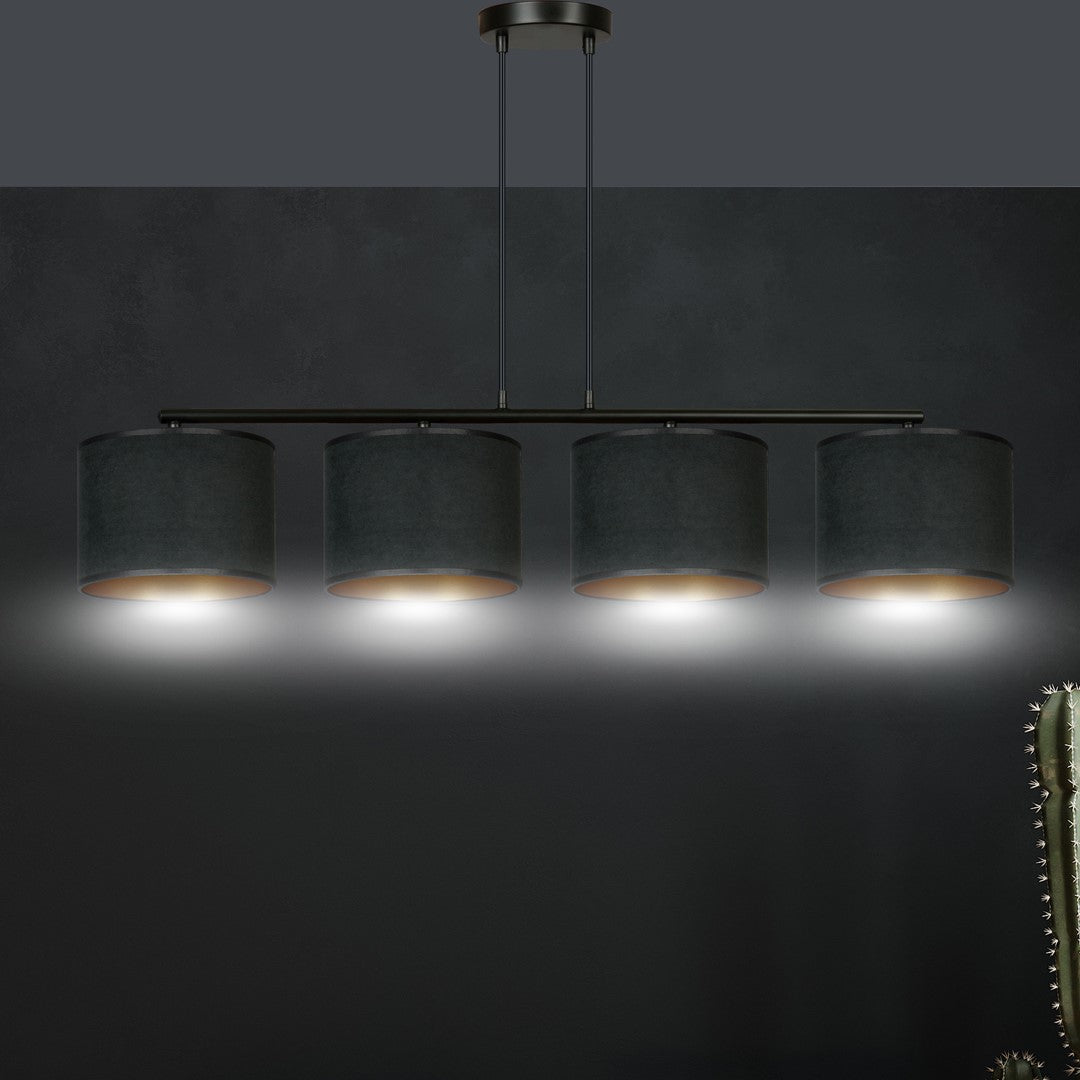 Hanglamp gepoedercoat staal en stof Hilde zwart met gouden binnenkant, 4 kappen Ø 20 cm, eettafel