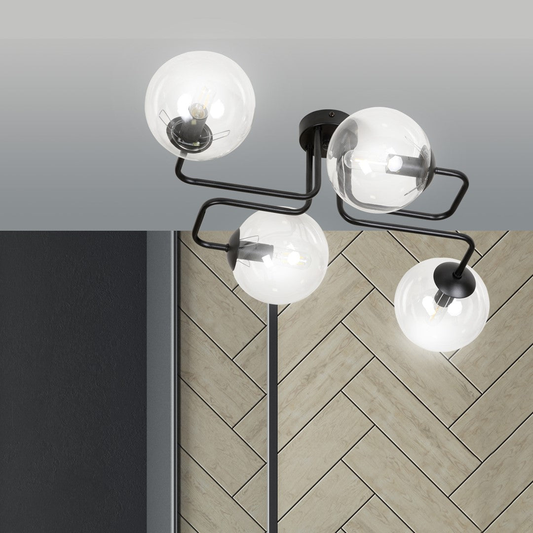 Plafondlamp gepoedercoat staal en glas Brendi 4 lichts, zwart met transparante glazen kappen, 55 x 32 cm
