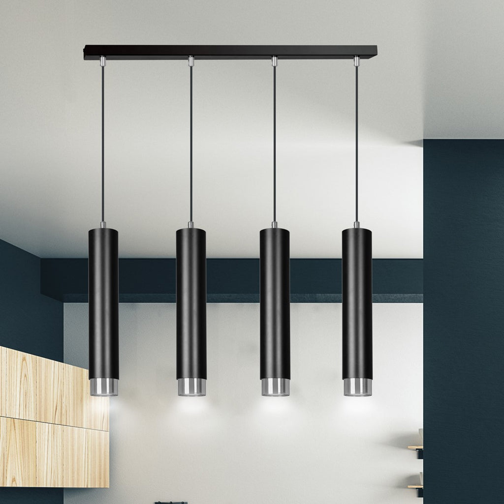 Hanglamp 4-lichts gepoedercoat staal Kibo, zwart met chroom, 60 cm breed, hoogte verstelbaar, eettafel en keuken