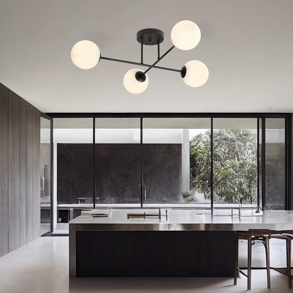 Plafondlamp 4-lichts gepoedercoat staal en glas, modern, zwart met witte kappen, E14 – woonkamer, eetkamer