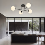 Plafondlamp 4-lichts gepoedercoat staal en glas, modern, zwart met witte kappen, E14 – woonkamer, eetkamer